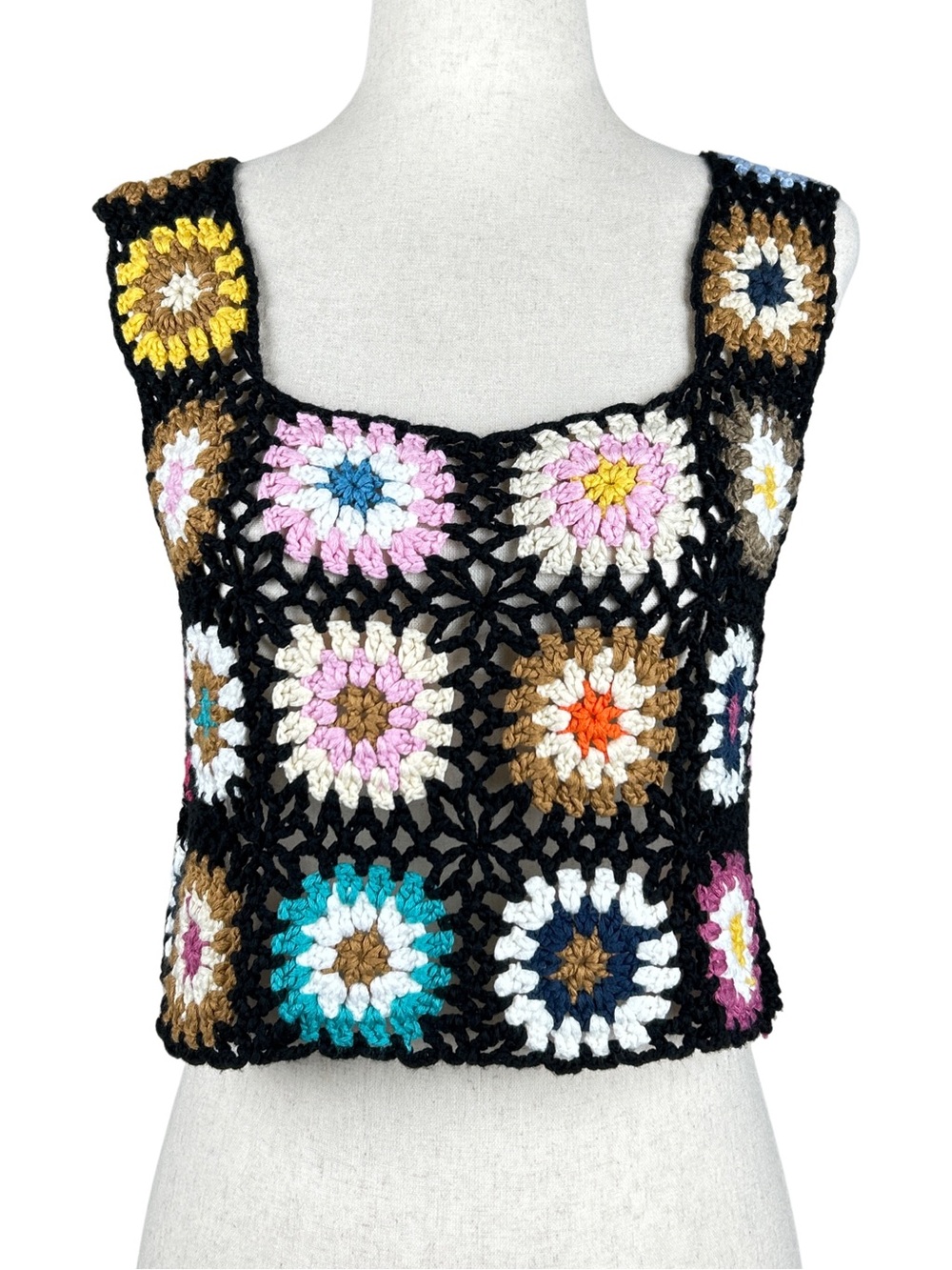 Vibrant Granny Crochet Square Floral Crop Tank Top - O/S - Black
